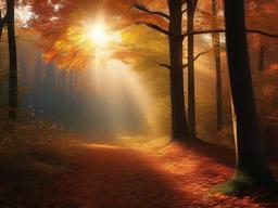 Thanksgiving Wallpaper-A peaceful autumn forest, with soft sunlight filtering through the trees, creating a serene Thanksgiving atmosphere.  aesthetic background wallpaper