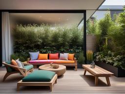 Biophilic interior design in the terrace features natural wood furniture, colorful plants, and cozy seating, creating an inviting outdoor space for relaxation and gatherings.  