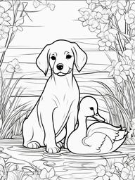 Puppy and Ducklings Coloring Pages - Sweet Scene of Puppy and Duck Friends  minimal black outline printable sheet, coloring page