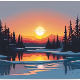 Sunrise over a frozen lake sticker- Icy and serene, , sticker vector art, minimalist design