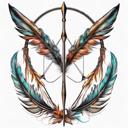 Bow and arrow with feathers ink. Flight of the arrow in art.  color tattoo design, white background