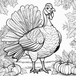 turkey coloring pages - a plump turkey struts proudly in a festive thanksgiving setting. 