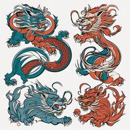 Foo Dragon Tattoo - Tattoos featuring foo dogs or lion-like creatures with dragon elements.  simple color tattoo,minimalist,white background