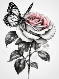 drawing of a rose with butterflies in watercolor style  minimal rough sketch scribbles,doodles,black and white