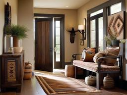 Southwestern entryway combines earthy colors, patterned textiles, and rustic furniture for a warm and inviting atmosphere at the entrance.  