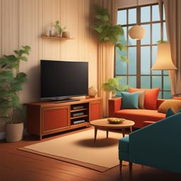 tv clipart: entertaining tv on a cozy living room wall. 