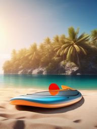 Beachside paddleboarding and kayaking close shot perspective view, photo realistic background, hyper detail, high resolution