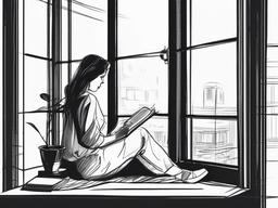 drawing of a woman reading by the window  minimal rough sketch scribbles,doodles,black and white