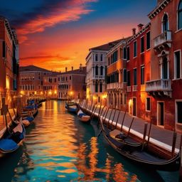 Venetian Sunset Scenery Wallpaper with Sunset Glow Over Venice Canals wallpaper splash art, vibrant colors, intricate patterns