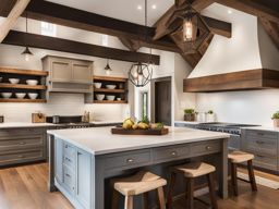 rustic kitchen with exposed wooden beams and farmhouse-style cabinets. 