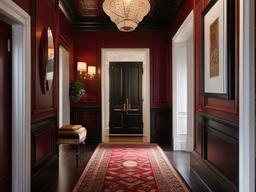 The hallway showcases Russian Revival interior design through intricate moldings, rich colors, and decorative art that create a sophisticated and inviting passage.  