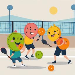 Pickleball clipart - cartoon characters playing pickleball together  color,minimalist,vector clipart