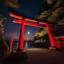 motonosumi inari shrine - paint the surreal night atmosphere of motonosumi inari shrine, with its row of red torii gates leading to the edge of a cliff overlooking the sea. 