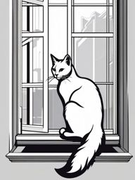 Cat Tattoo - Graceful cat perched on a windowsill, embodying independence  few color tattoo design, simple line art, design clean white background