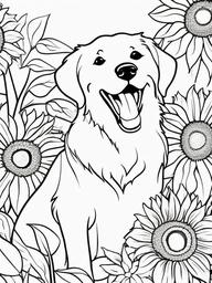 Dog and Sunflowers Coloring Pages - Happy Dog Among Bright Sunflowers  minimal black outline printable sheet, coloring page