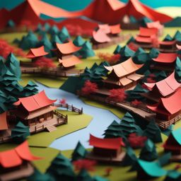 Origami!  5000ft drone view of a chinese village with buffalo pulling carts and birds flying and guilin style mountains with rivers and bridges, Origami paper folds papercraft, made of paper, stationery, 8K resolution 64 megapixels 