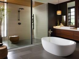 Japanese zen-inspired bathroom featuring TOTO soaking tub, Porcelanosa natural stone tiles, and Kohler bamboo-inspired faucets.  