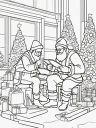 Santa with Elves in Workshop Coloring Pages - Preparing Gifts with His Elves  minimal black outline printable sheet, coloring page