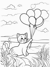 Kitty with Heart Balloons Coloring Pages - Playful Kitten with Floating Balloons  minimal black outline printable sheet, coloring page