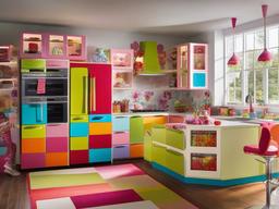 Candy Land kitchen features vibrant cabinetry, colorful appliances, and fun candy motifs, creating an exciting and cheerful environment for cooking and gathering.  