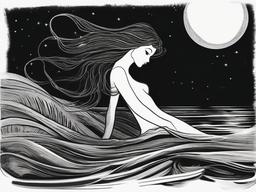 drawing of a mermaid in the moonlight  minimal rough sketch scribbles,doodles,black and white