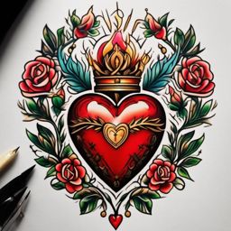 Traditional sacred heart tattoo, Traditional sacred heart tattoo, symbolizing divine love and devotion. , tattoo color art, clean white background