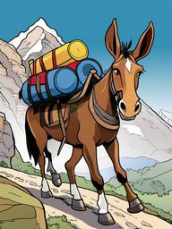 Mule cartoon - Mule carrying a load up a mountain trail  