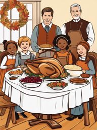 thanksgiving clip art: celebrating around a harvest feast table. 