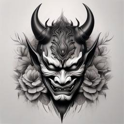 hannya mask black and grey  simple color tattoo,white background,minimal