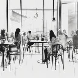 drawing of people talking at a café  minimal rough sketch scribbles,doodles,black and white