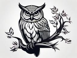 Owl on Tree Tattoo - Infuse nature's charm with an owl perched on a tree in a tattoo design.  simple color tattoo,vector style,white background