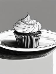 drawing of a cupcake on a plate  minimal rough sketch scribbles,doodles,black and white