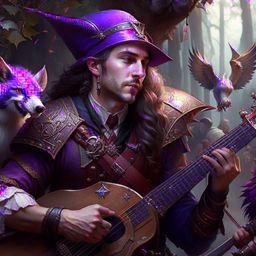 half-elf bard inspiring allies with a stirring song while fending off a chimera. 