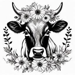 Cow with daisy crown ink: Simple elegance, floral charm.  black and white tattoo style