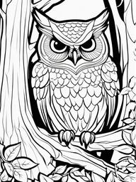 Owl Coloring Pages - Owl playing hide and seek among the trees  simple coloring pages