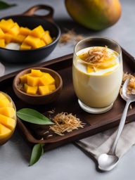 individual serving of silky mango coconut panna cotta, topped with toasted coconut. 