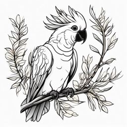 Cockatoo Tattoo - Cockatoo chattering and perched on a branch  few color tattoo design, simple line art, design clean white background