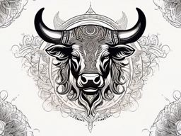 Bull with symbolic sun motifs ink. Radiant power in art.  color tattoo design, white background