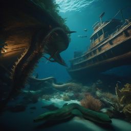 Sunken shipwreck becomes a haven for aquatic creatures, guarded by a colossal sea serpent.  8k, hyper realistic, cinematic