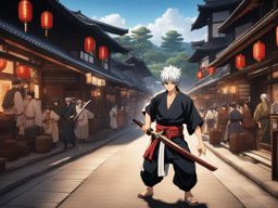 gintoki wields his wooden sword with deadly precision amidst a bustling, edo-era town. 