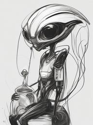 drawing of an alien with a pet  minimal rough sketch scribbles,doodles,black and white