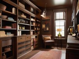 The storage room showcases vintage interior design with organized shelving, classic accents, and a charming layout that maximizes efficiency while adding character to the space.  