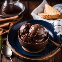 double chocolate fudge ice cream served at a cozy winter lodge with a crackling fire. 