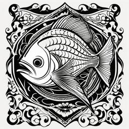 Black and White Fish Tattoo-Classic and timeless black and white tattoo featuring a fish, perfect for those who appreciate traditional tattoo art.  simple color vector tattoo