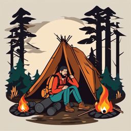 Backpacker by the Campfire Clipart - A backpacker by the campfire.  color vector clipart, minimal style