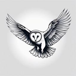 Barn owl tattoo transcending earthly limits in flight.  color tattoo style, minimalist design, white background