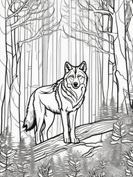 Wolf with Trees Coloring Pages - Wolf Blending into a Forest Background  minimal black outline printable sheet, coloring page