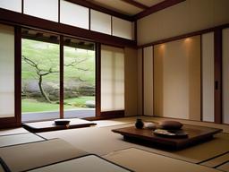 Zen meditation room embodies tranquility with tatami mats, low-profile seating, and natural materials that foster a serene environment for contemplation and inner peace.  