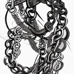 Chains with geometric patterns ink: Fusion of modern design and industrial allure.  black white tattoo, white background