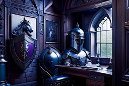 haunted castle office with haunted suit of armor and ghostly writing on walls. 